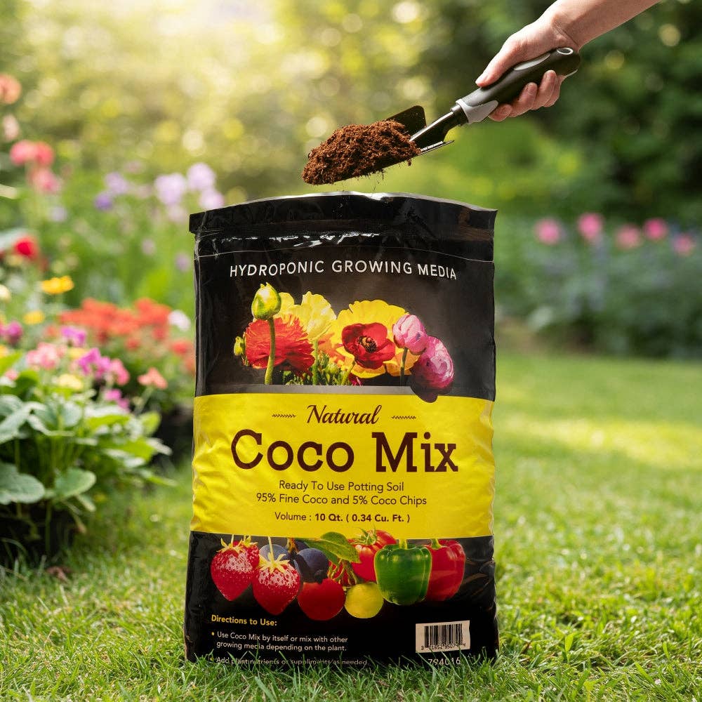 Natural coco mix potting soil bag for hydroponic gardening on lawn with garden trowel