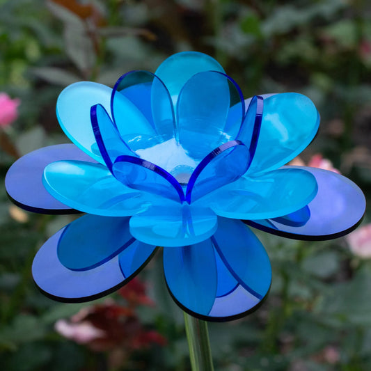 Blue aqua garden stake | Diamond lotus flower decor handmade