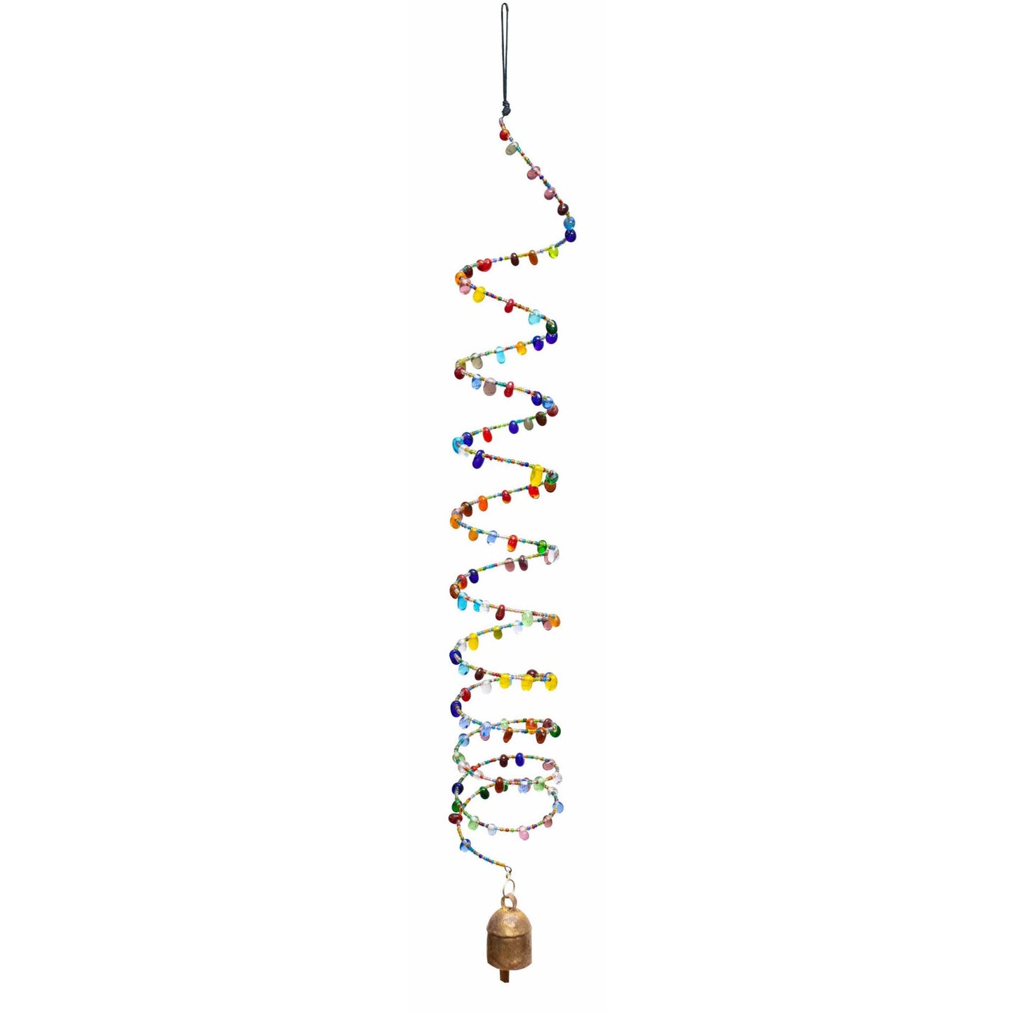 Colorful beaded wind chime with a bell at the bottom