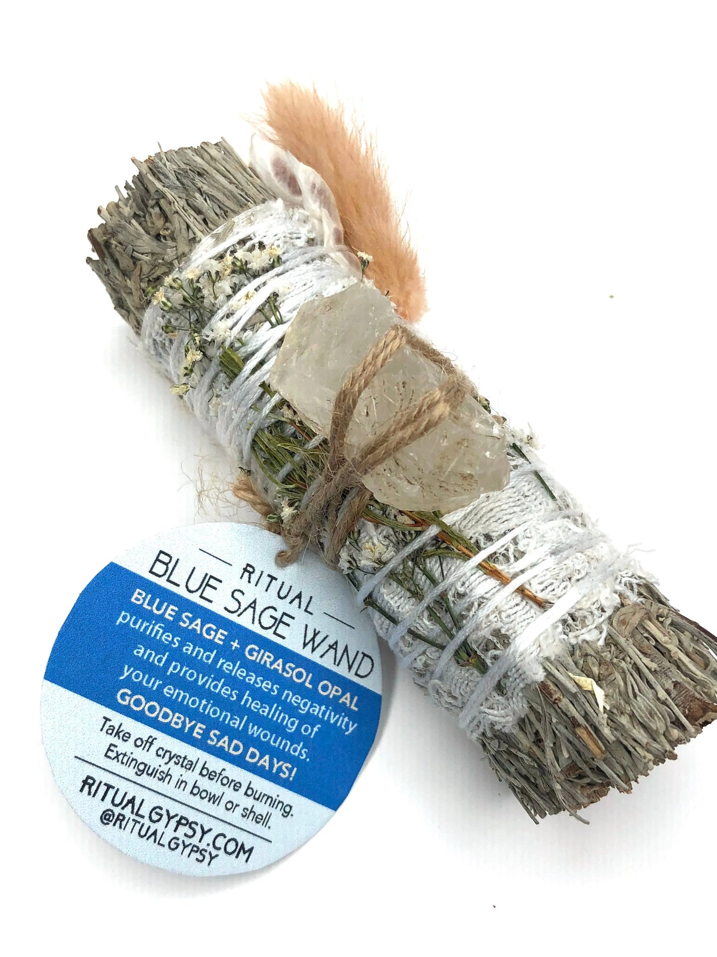 "PURIFY & HEAL" Blue Sage Smudge Stick + Girasol Opal - 4"
