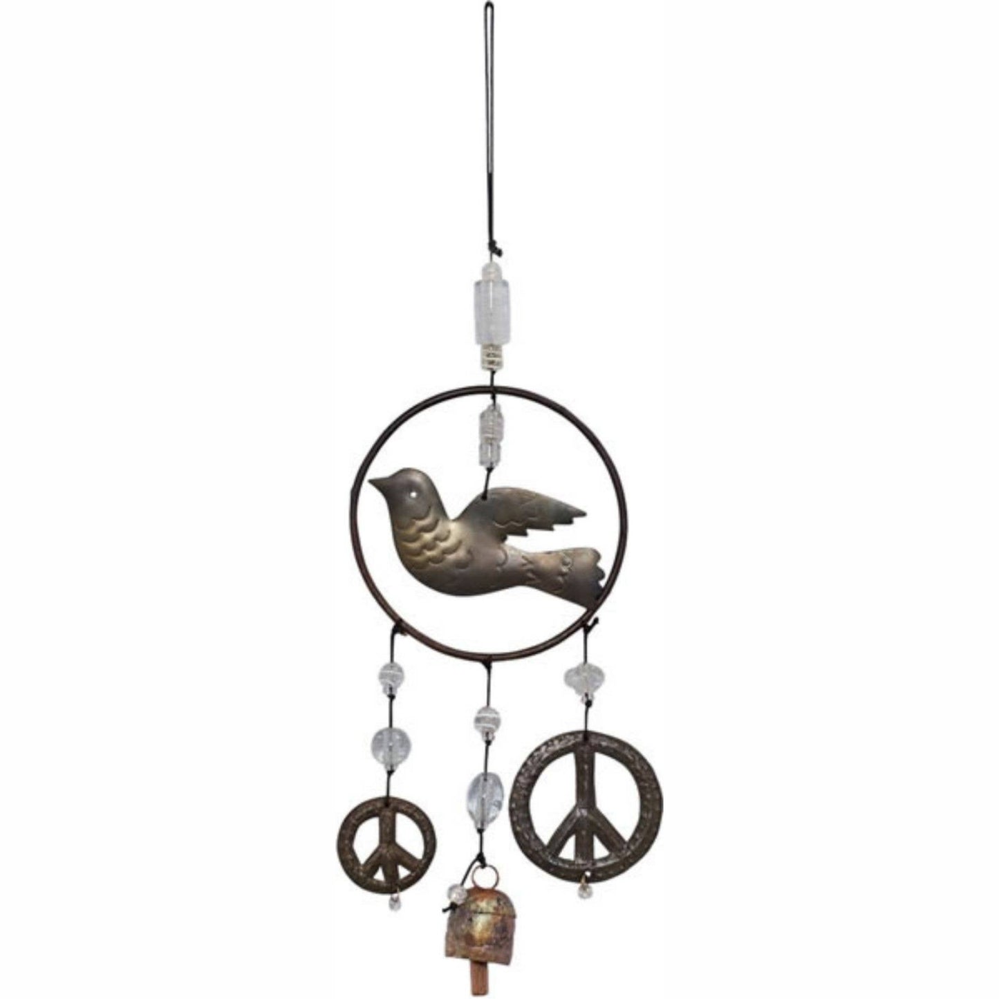 Decorative hanging ornament with bird, peace signs, and bells on a white background
