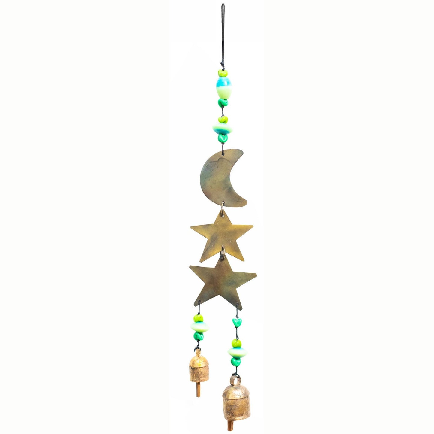 Decorative hanging with stars, a moon, and small bells on a string.