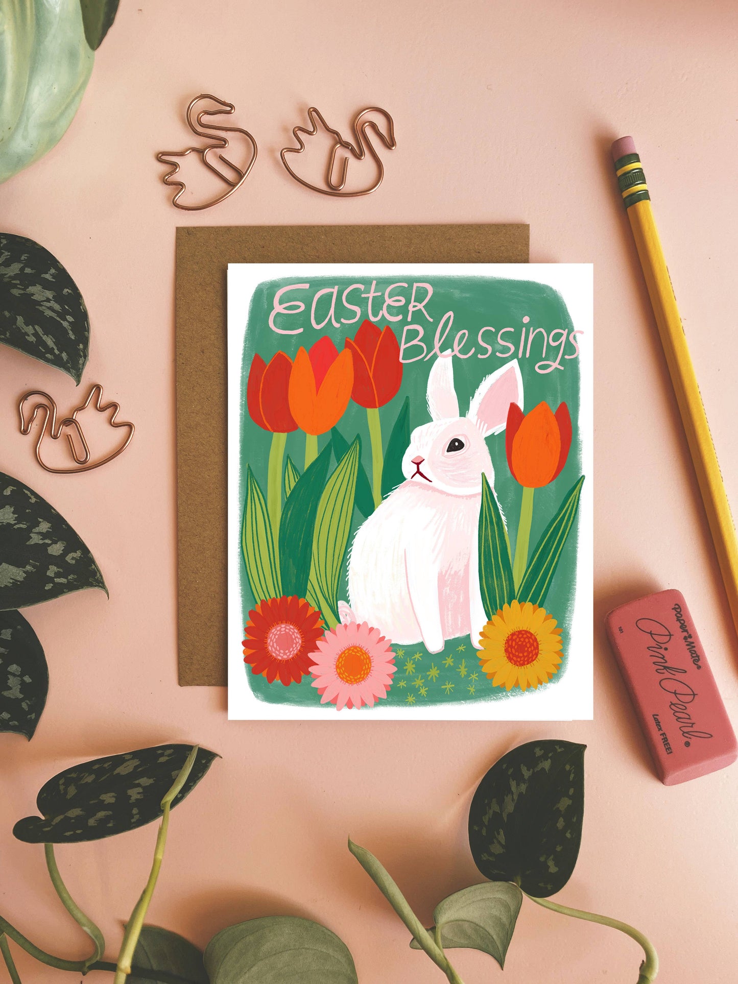 Happy Easter Bunny and Tulips Greeting Card