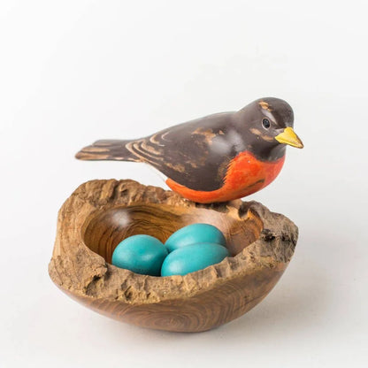 Robin - Nest & Eggs - 7"W x 7"H  -Carved Wooden Ornament