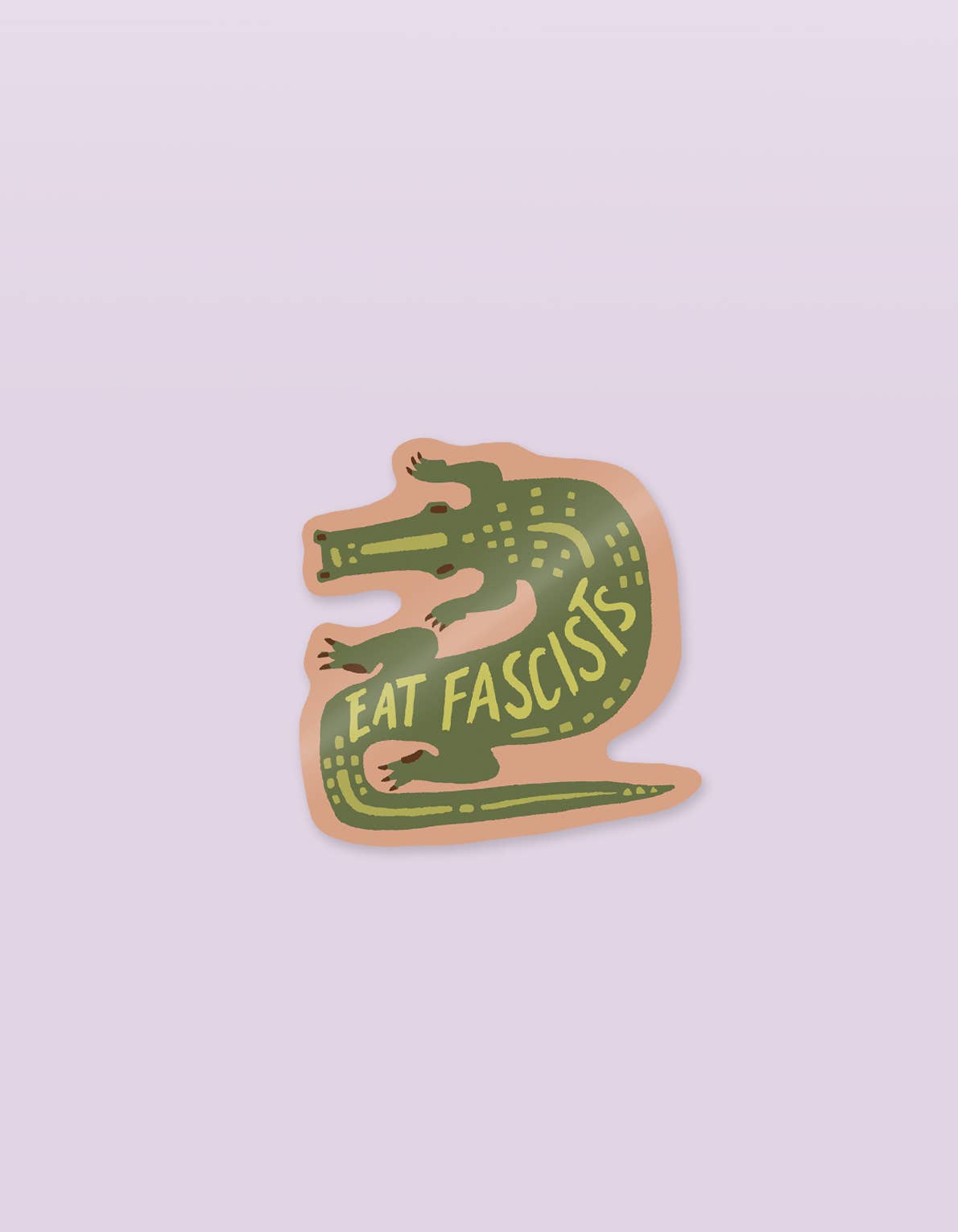 Sticker with a green alligator design and 'Eat Fascists' text on a light purple background