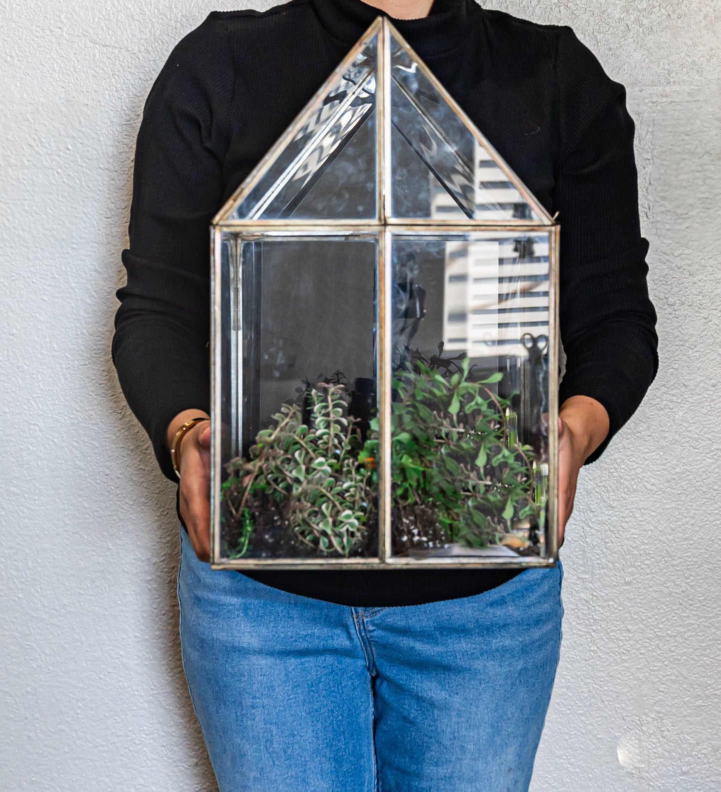 Oversized Glass and Steel Terrarium with Stand Green Patina 11 x 11 x 28