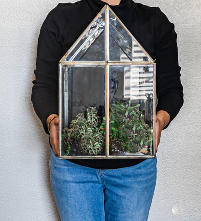 Oversized Glass and Steel Terrarium with Stand Green Patina 11 x 11 x 28