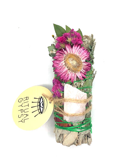 Ritual Wand + Rose Quartz I White Sage Smudge Stick 4"