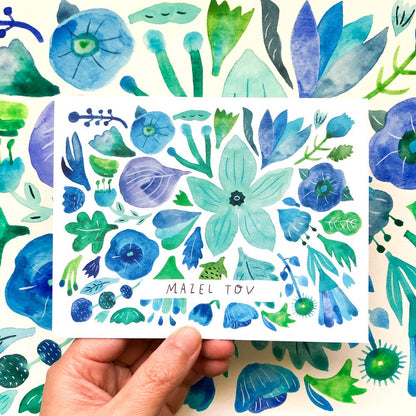 Blue Flower Mazel Tov Greeting Card