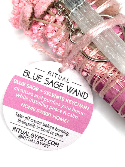 'HOME SWEET HOME’ Blue Sage Smudge + Selenite Keychain 4"