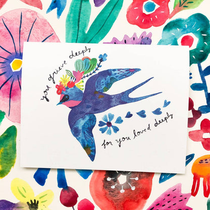 Blue Swallow You Grieve Deeply Sympathy Greeting Card
