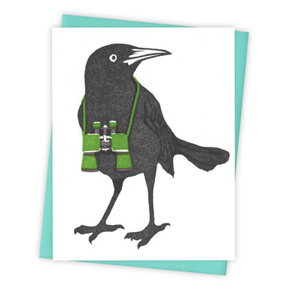 Birdwatching Grackle Letterpress Greeting Card
