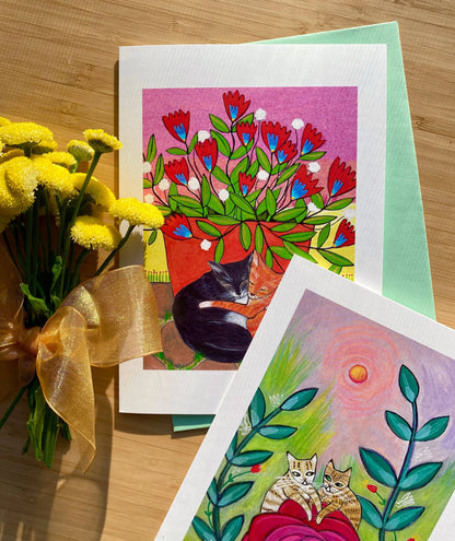 Cats and Blooms Card Set (Blank Inside)