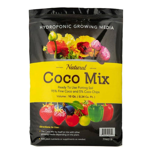 Natural coco mix hydroponic potting soil bag, 10 qt, with colorful flowers and produce illustrations