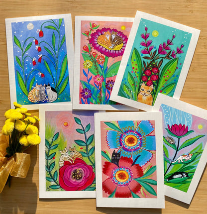 Cats and Blooms Card Set (Blank Inside)