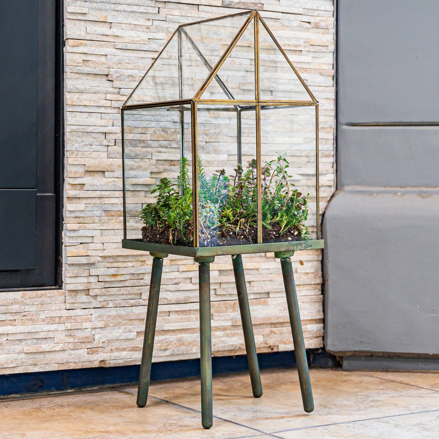 Oversized Glass and Steel Terrarium with Stand Green Patina 11 x 11 x 28