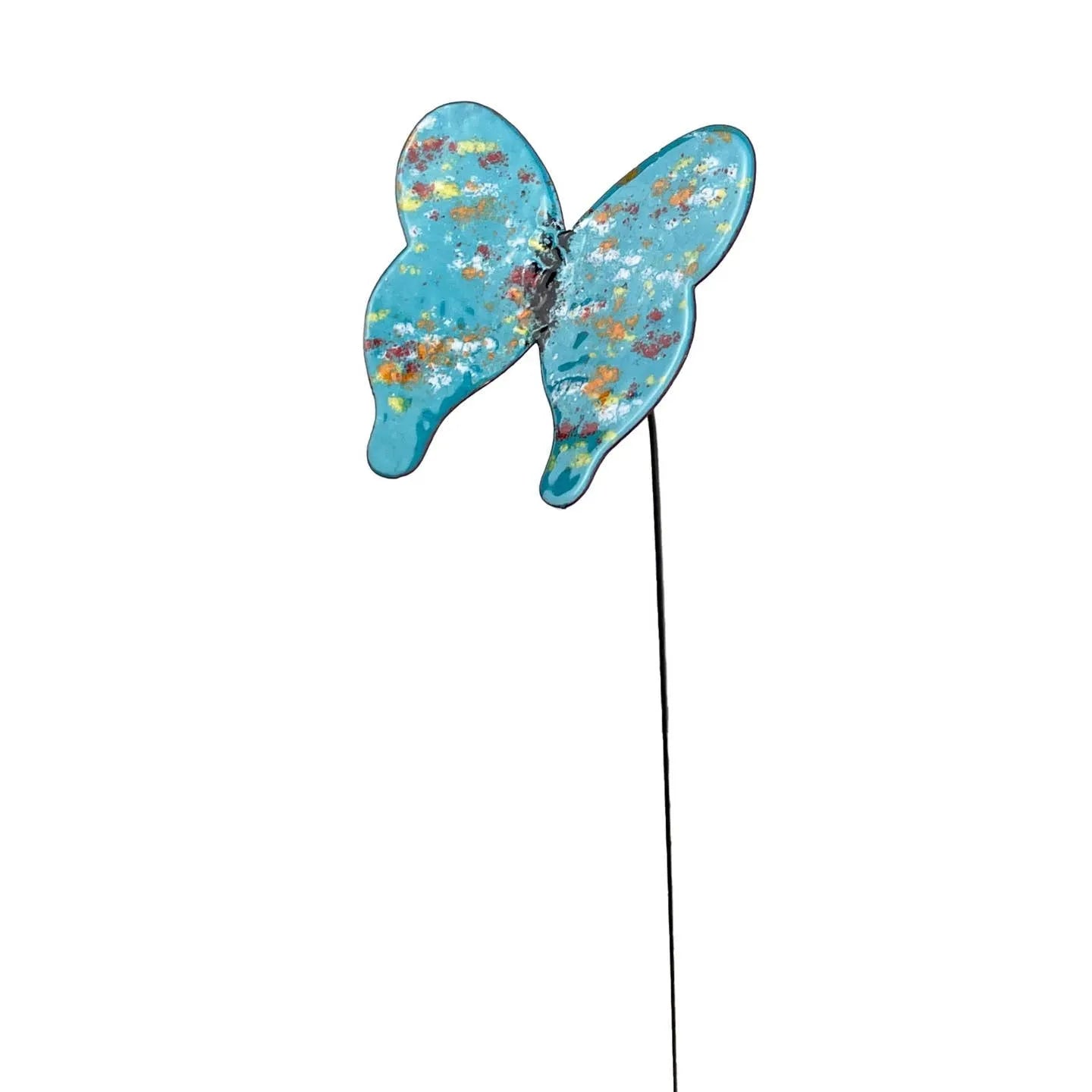 Blue butterfly garden stake with colorful speckles on metal wings