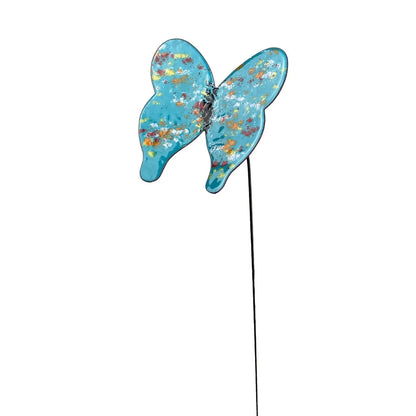 Blue butterfly garden stake with colorful speckles on metal wings