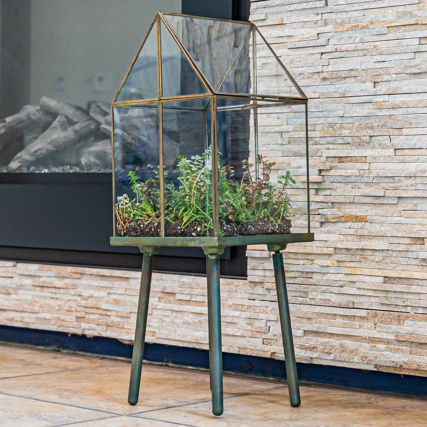 Oversized Glass and Steel Terrarium with Stand Green Patina 11 x 11 x 28