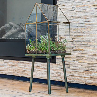 Oversized Glass and Steel Terrarium with Stand Green Patina 11 x 11 x 28