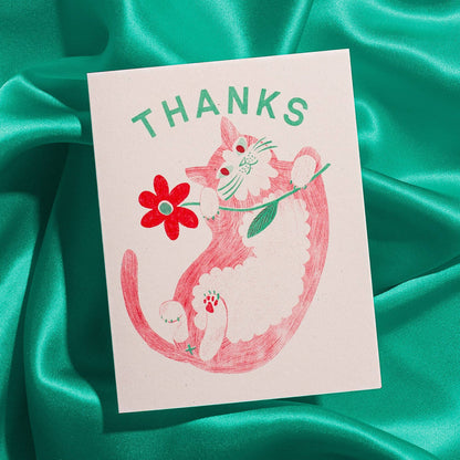 Thanks Cat & Flower Greeting Card