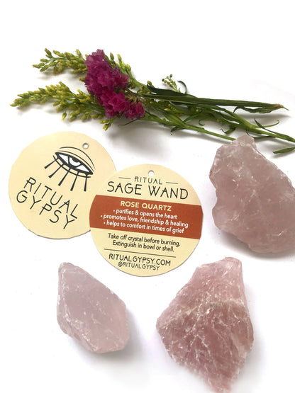 Ritual Wand + Rose Quartz I White Sage Smudge Stick 4"