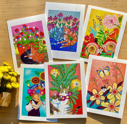 Cats and Blooms Card Set (Blank Inside)