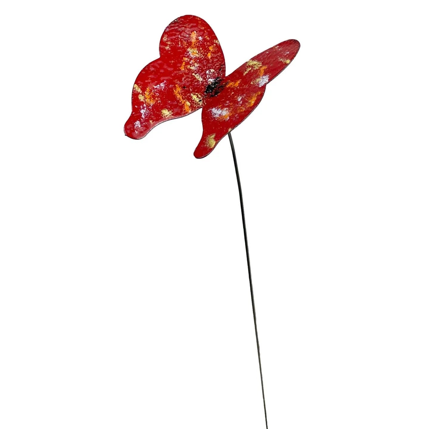 Red metal butterfly garden stake with yellow accents on long black stem