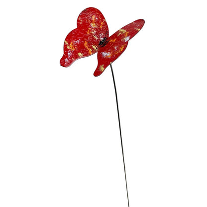 Red metal butterfly garden stake with yellow accents on long black stem