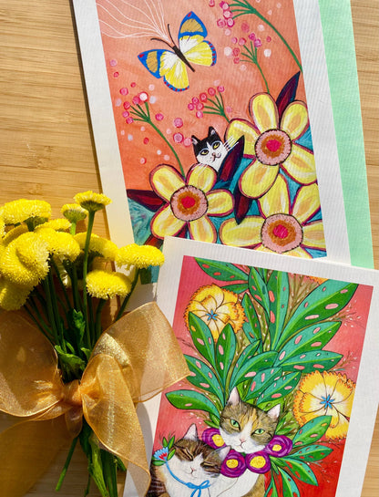 Cats and Blooms Card Set (Blank Inside)