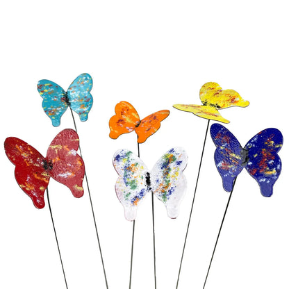 Colorful glass butterfly garden stakes with splatter patterns, assorted on metal stems