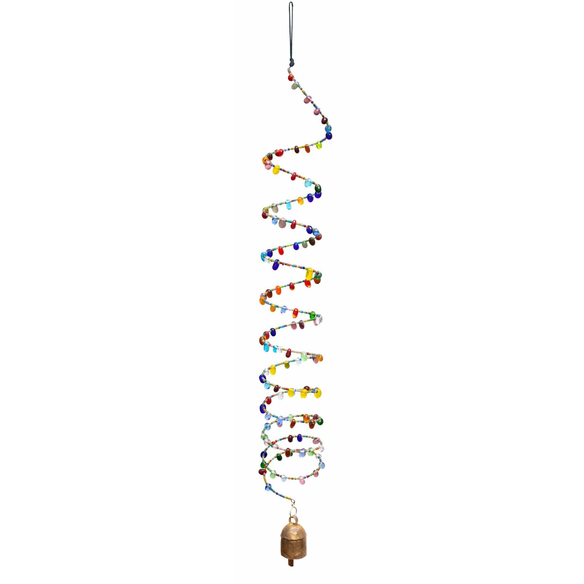 Colorful beaded wind chime with a bell at the bottom