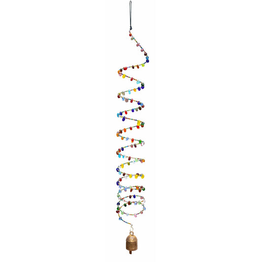 Colorful beaded wind chime with a bell at the bottom