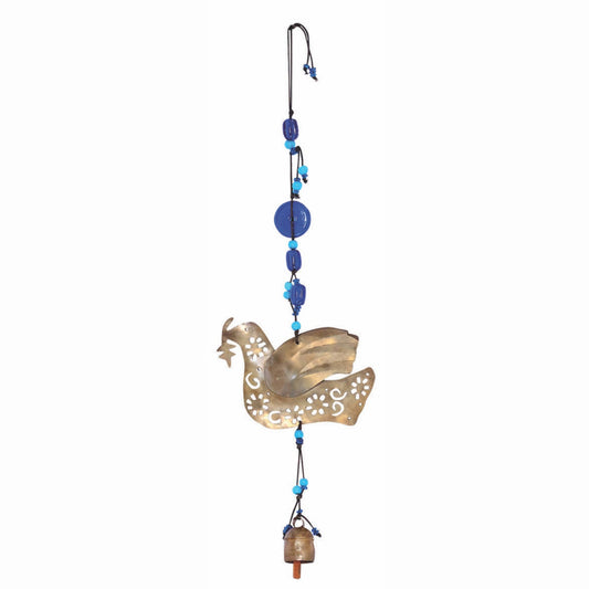 Decorative wind chime with a bird design and blue beads on a white background