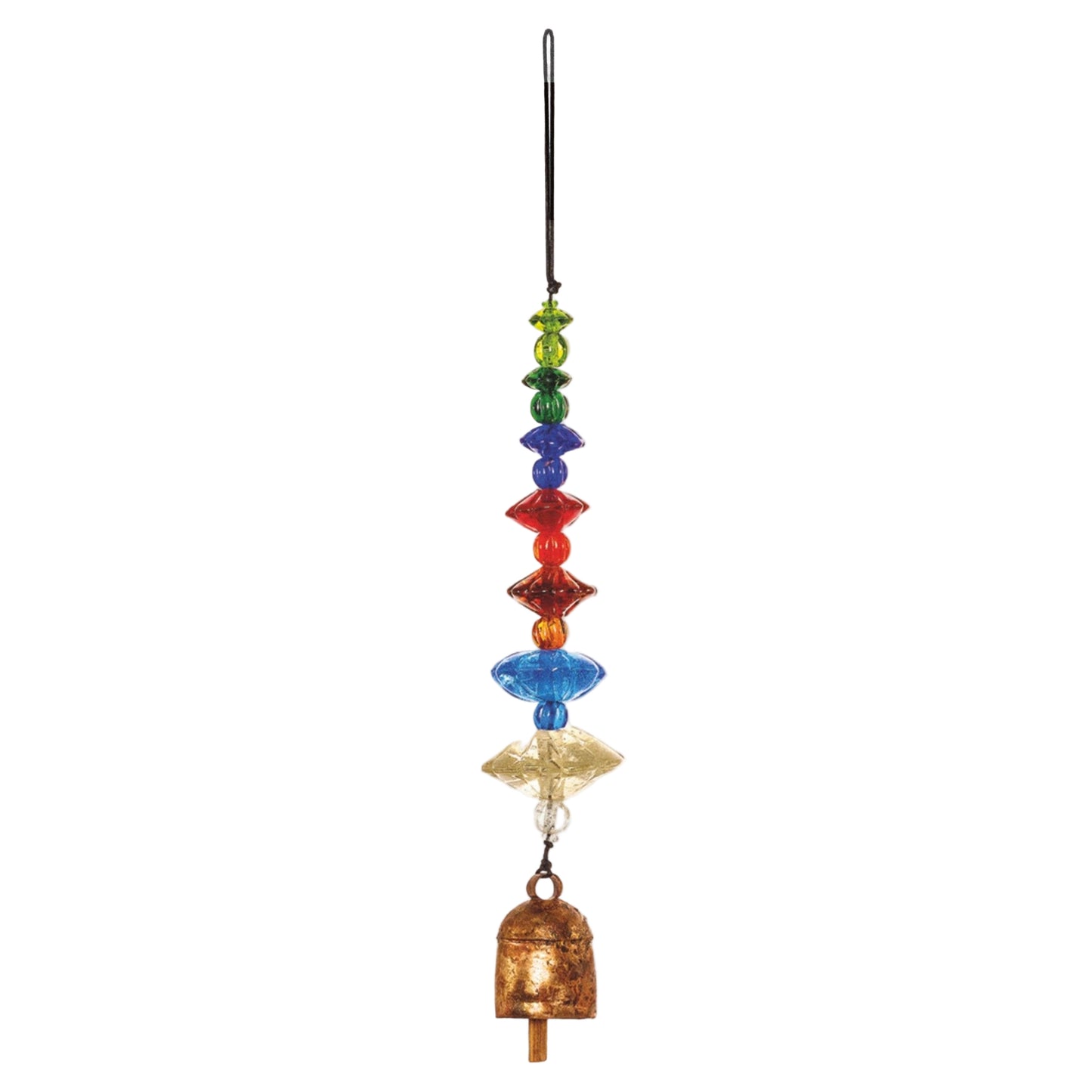 Colorful beaded wind chime with a bell on a white background
