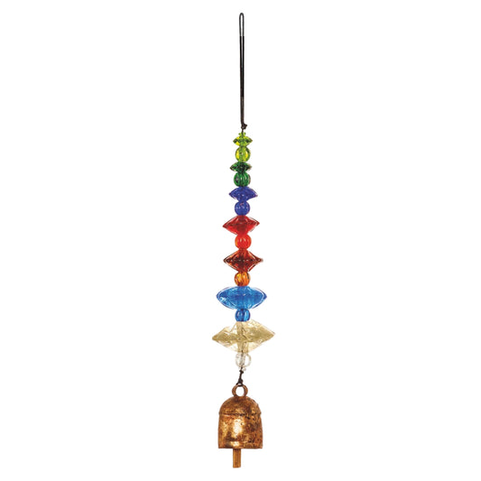 Colorful beaded wind chime with a bell on a white background