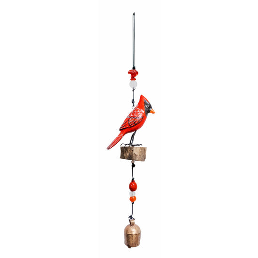 Decorative wind chime with a red cardinal bird figure on a white background