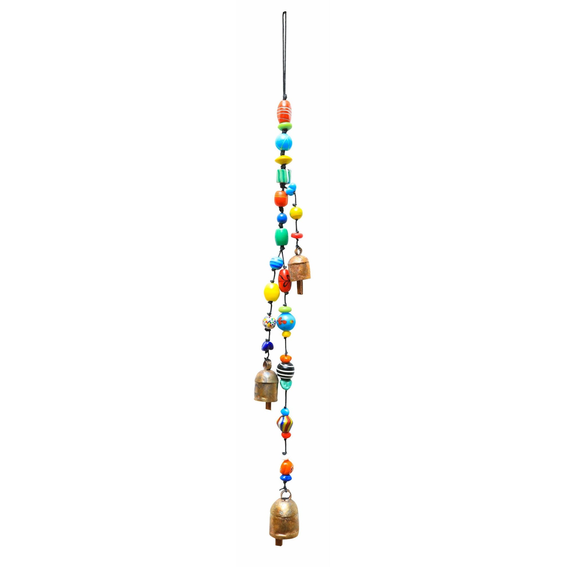 Colorful beaded wind chime with bells on a white background