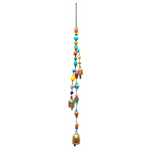 Colorful beaded wind chime with bells on a white background