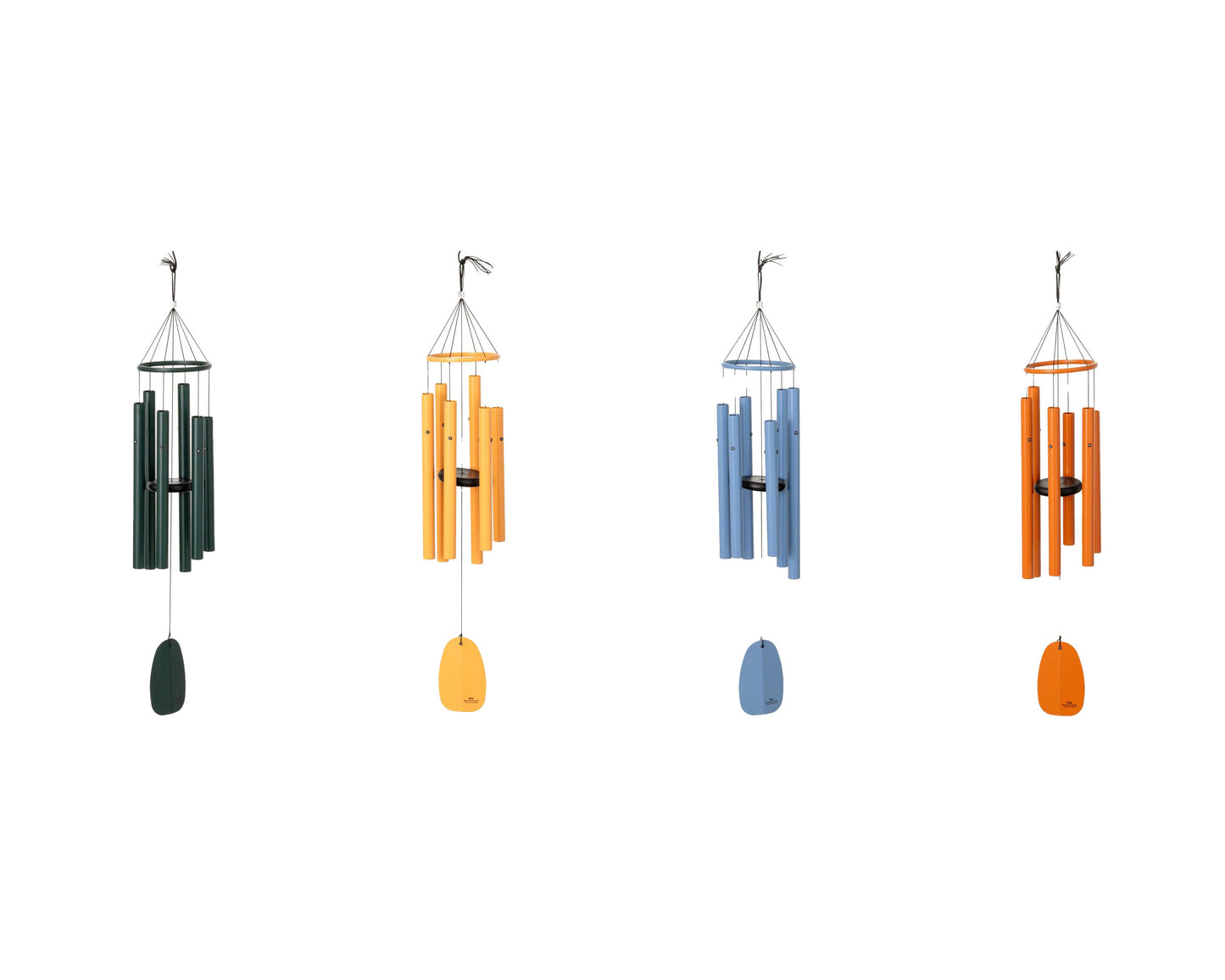 Set of five colorful wind chimes on a white background