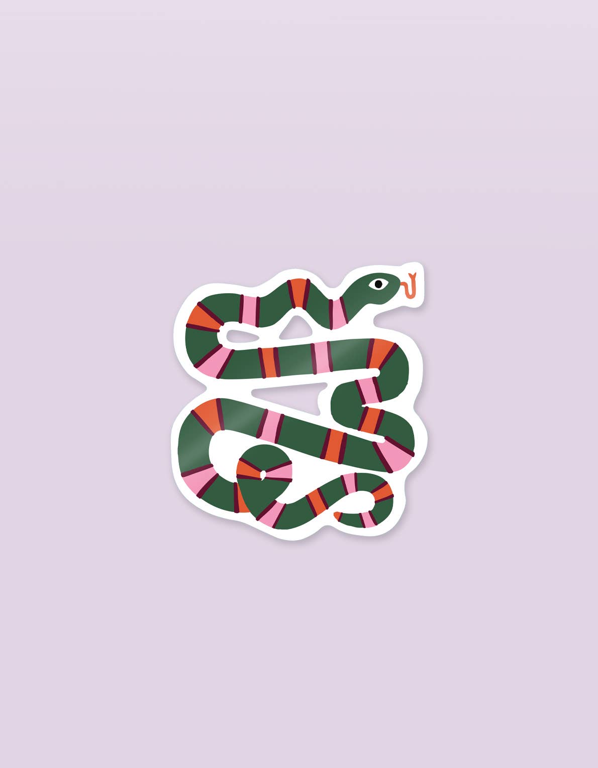 Sticker of a snake with red and green pattern on a light purple background