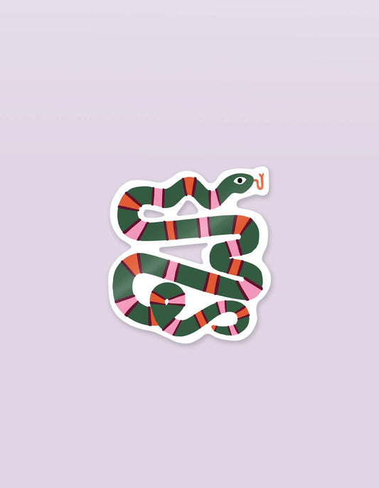 Sticker of a snake with red and green pattern on a light purple background