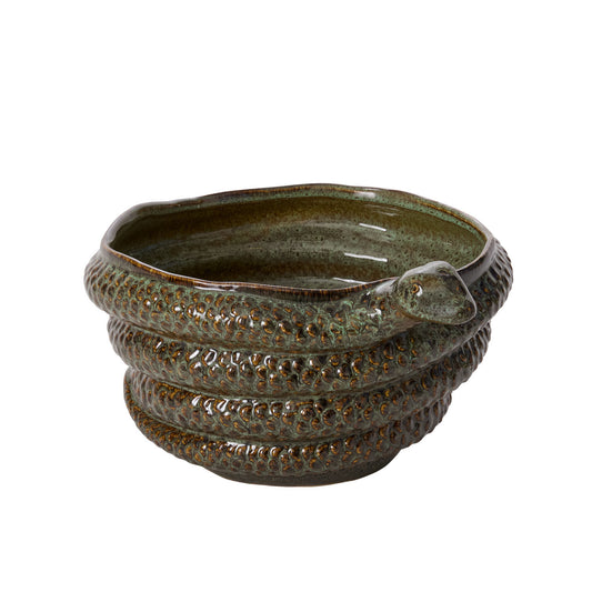 Ceramic snake-shaped planter on a white background