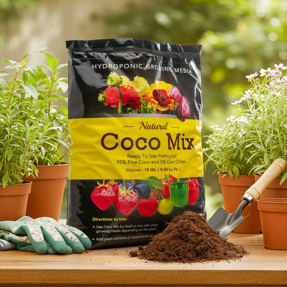 Bag of natural coco mix potting soil with gardening gloves, trowel, and potted plants