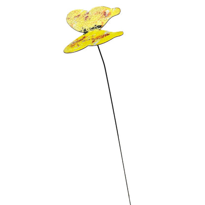 Yellow metal butterfly garden stake with abstract detailing on thin black rod