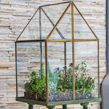 Oversized Glass and Steel Terrarium with Stand Green Patina 11 x 11 x 28