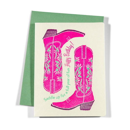 Saddle Up Boots Letterpress Birthday Card