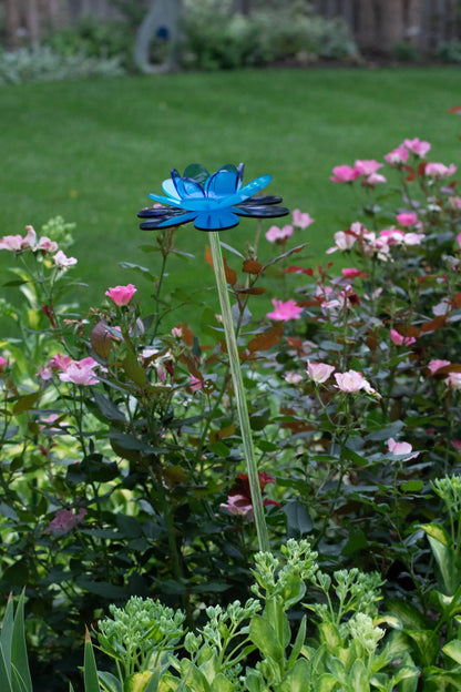 Blue aqua garden stake | Diamond lotus flower decor handmade