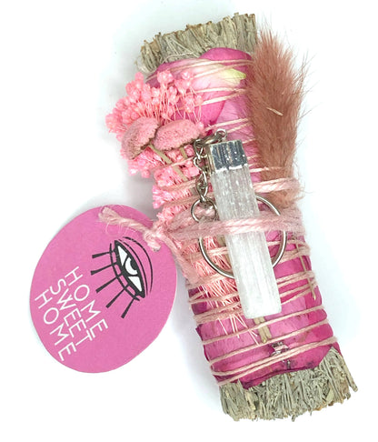 'HOME SWEET HOME’ Blue Sage Smudge + Selenite Keychain 4"