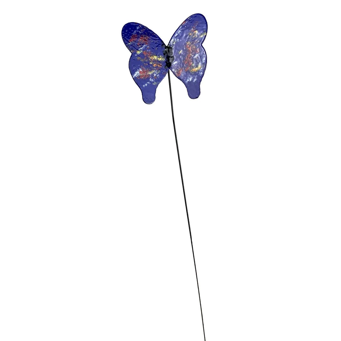 Blue glass butterfly garden stake with iridescent accents on slender metal rod